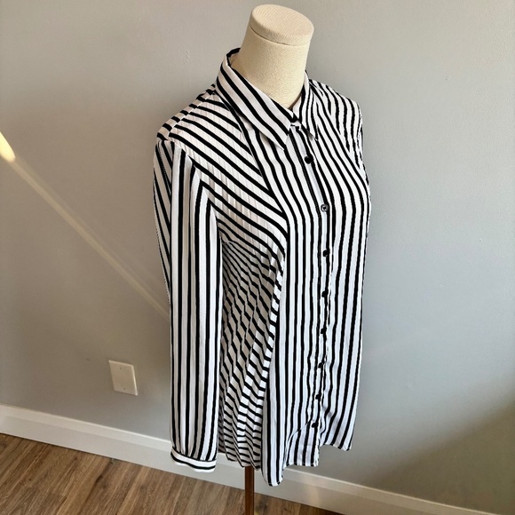 Bianca Nygard, Women's Pleated Black & White Striped, Button Down Tunic, SZ M - Picture 1 of 9